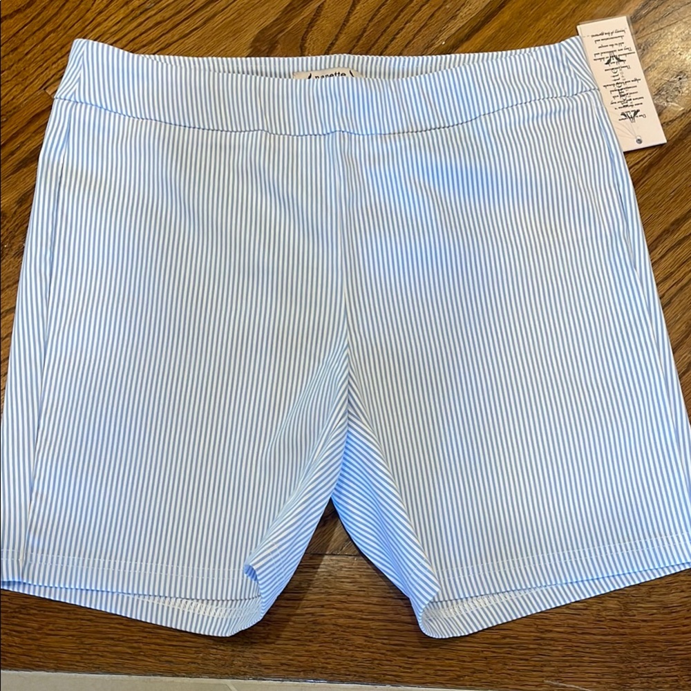 Nanette Lepore Light Blue and White Pinstripe High-Waist Shorts